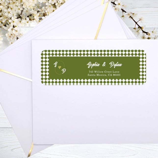 Retro Olive Green Monogram Initial Wedding Address (Von Creator hochgeladen)