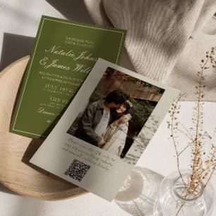 Retro Oliven Grün Old Money QR Code Foto Hochzeit Einladung