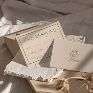 Retro Olivgrün Beige Boho Old Money Hochzeit RSVP Karte