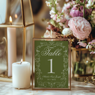 Retro Olivgrün Old Money Hochzeitstisch Nummer Einladung