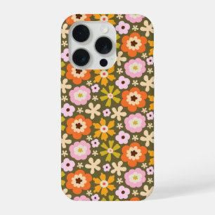 Retro Olivgrün Vollblüten abstrakt floral iPhone 15 Pro Hülle