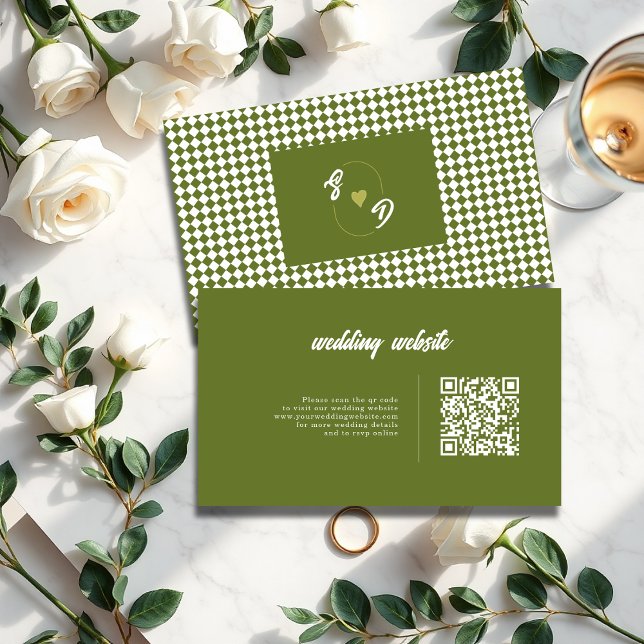 Retro Olivgrüner QR-Code Schachbrett-Hochzeit Begleitkarte (Von Creator hochgeladen)