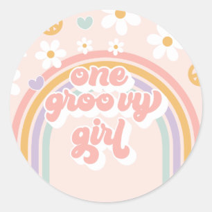 Retro One Groovy Girl Regenbogen-Geburtstag Runder Aufkleber