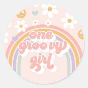 Retro One Groovy Girl Regenbogen-Geburtstag Runder Aufkleber