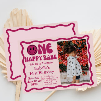 Retro One Happy Babe Erster Geburtstag Foto Einladung