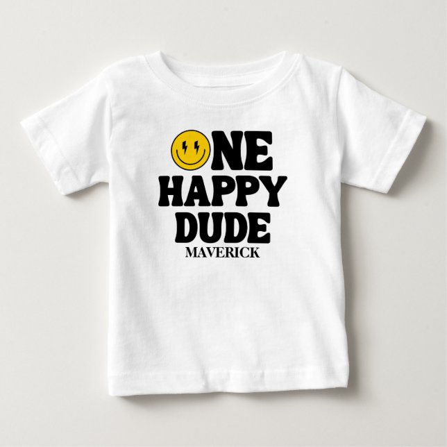 Retro One Happy Dude Smile Face Boy 1st Birthday Baby T-shirt (Vorderseite)