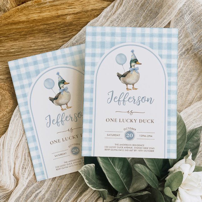 Retro One Lucky Duck Blue Balloon Junge 1. Geburts Einladung (Von Creator hochgeladen)