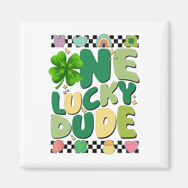 Retro One Lucky Dude St Patricks Day Shamrock Glüc Magnet (Vorne)