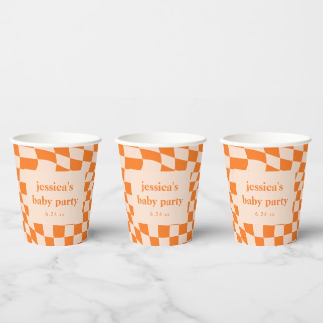 Retro Orange Abstract Check Custom Baby Shower Pappbecher (Multi)
