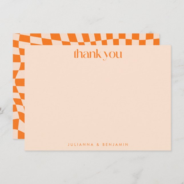 Retro Orange Abstract Checkerboard Wedding Custom Dankeskarte (Vorne/Hinten)