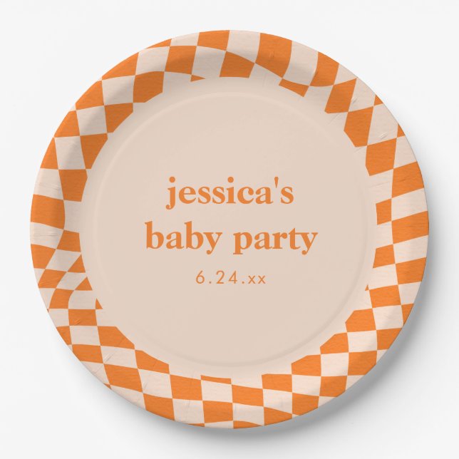 Retro-Orange-Abstract-Schachbrett-Baby-Party Pappteller (Vorderseite)