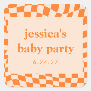 Retro Orange Abstrakt Checkerboard Babydusche Quadratischer Aufkleber