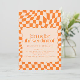 Retro Orange Abstrakt Checkerboard Wedding Website Einladung