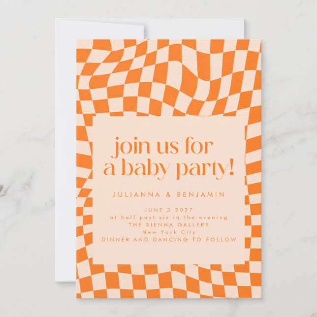 Retro Orange Abstrakt Karo Pattern Baby Einladung (Vorderseite)