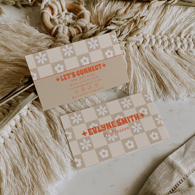 Retro Orange Beige Checkered Groovy Floral Boho  Visitenkarte (Von Creator hochgeladen)