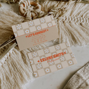 Retro Orange Beige Kariertes Groovy Floral Boho Visitenkarte