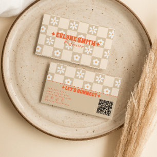 Retro Orange Beige QR-Code kariert groovy floral Visitenkarte