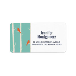 Retro Orange Birds on Birch Trees Illustration Adressaufkleber