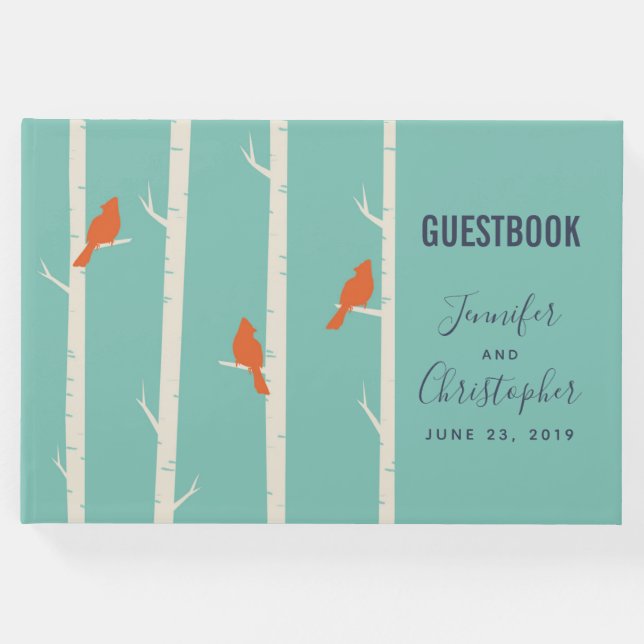 Retro Orange Birds on Birch Trees Illustration Gästebuch (Vorderseite)