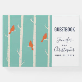 Retro Orange Birds on Birch Trees Illustration Gästebuch