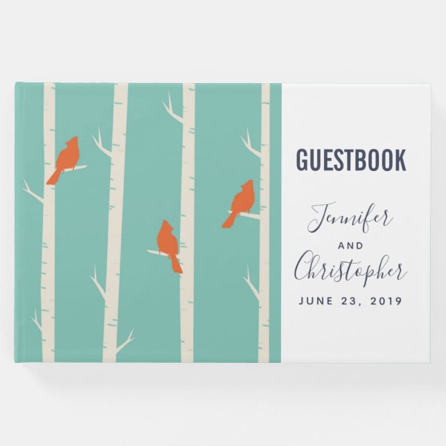 Retro Orange Birds on Birch Trees Illustration Gästebuch (Vorderseite)