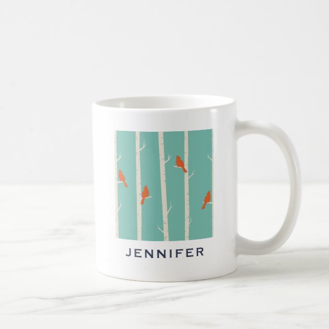 Retro Orange Birds on Birch Trees Illustration Kaffeetasse (Rechts)