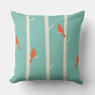 Retro Orange Birds on Birch Trees Illustration Kissen