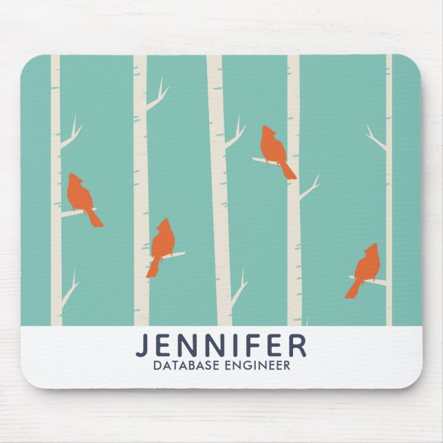 Retro Orange Birds on Birch Trees Illustration Mousepad (Vorne)