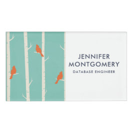 Retro Orange Birds on Birch Trees Illustration Namenschild