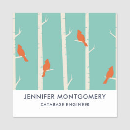 Retro Orange Birds on Birch Trees Illustration Namensschild