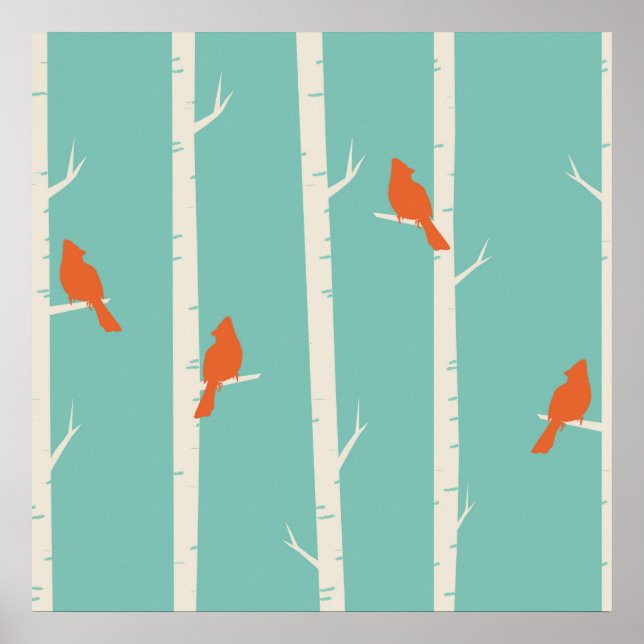 Retro Orange Birds on Birch Trees Illustration Poster (Vorne)