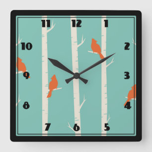 Retro Orange Birds on Birch Trees Illustration Quadratische Wanduhr