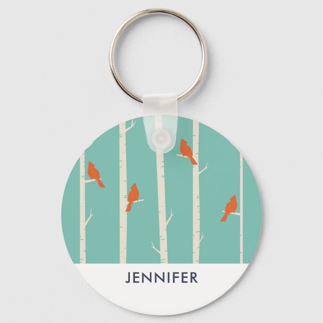 Retro Orange Birds on Birch Trees Illustration Schlüsselanhänger (Vorderseite)