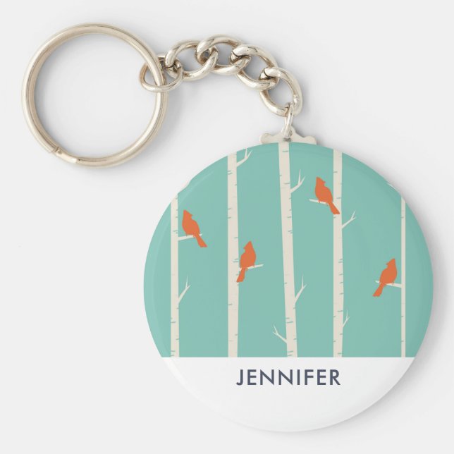 Retro Orange Birds on Birch Trees Illustration Schlüsselanhänger (Vorne)