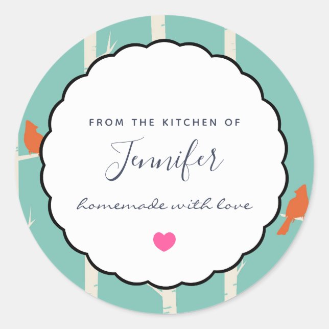 Retro Orange Birds on Birch Trees Kitchen Runder Aufkleber (Vorderseite)