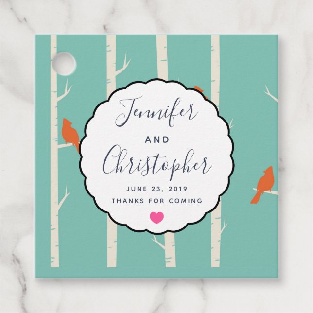 Retro Orange Birds on Birch Trees Wedding Danke Geschenkanhänger (Vorderseite)