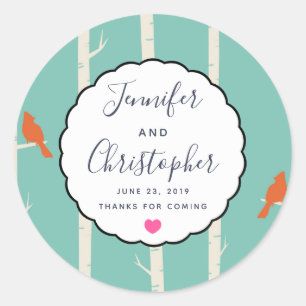 Retro Orange Birds on Birch Trees Wedding Danke Runder Aufkleber