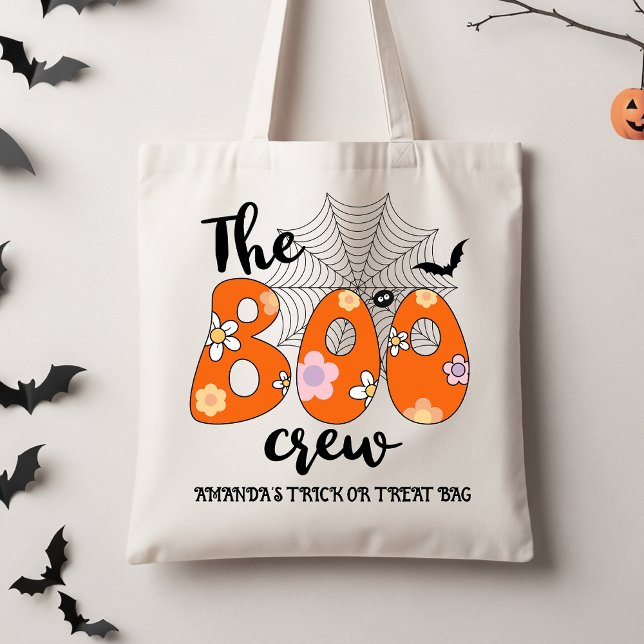 Retro Orange Black Boo Crew Trick oder Tasche beha (Retro The Boo Crew Halloween Tote bag, Kids Halloween Tote, Groovy Halloween Trick Or Treat Tote)