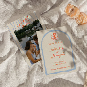 Retro Orange Blau Handgezeichnete Trendige Hochzei Save The Date