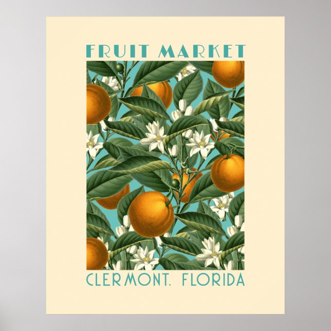 Retro Orange Blossom Fruchtmarkt Blau Poster (Vorne)