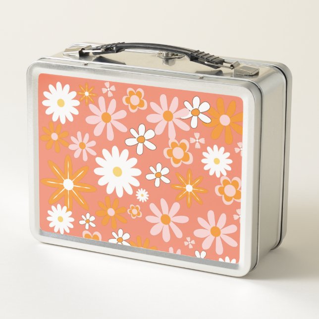 Retro Orange Blume Metal Lunchbox aus den 60er Jah (Rückseite)
