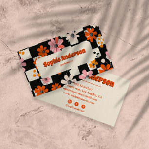 Retro orange Blumenkarierte Visitenkarte