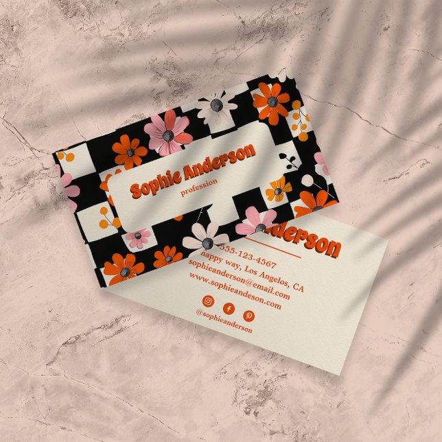 Retro orange Blumenkarierte Visitenkarte (Von Creator hochgeladen)