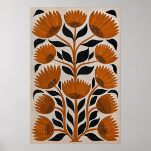 Retro-Orange-Blumenmuster im Stil der Mitte des 20 Poster