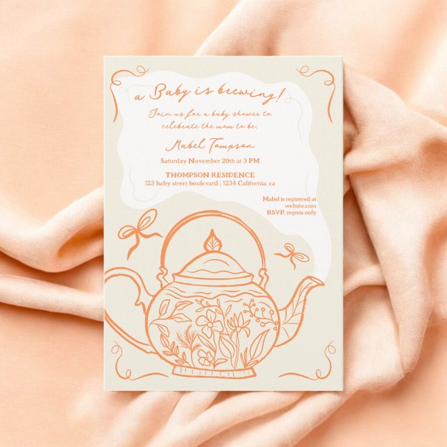 Retro orange Bows Teekanne Baby Brauen Dusche Einladung (Retro orange bows teapot baby is brewing shower invitation)