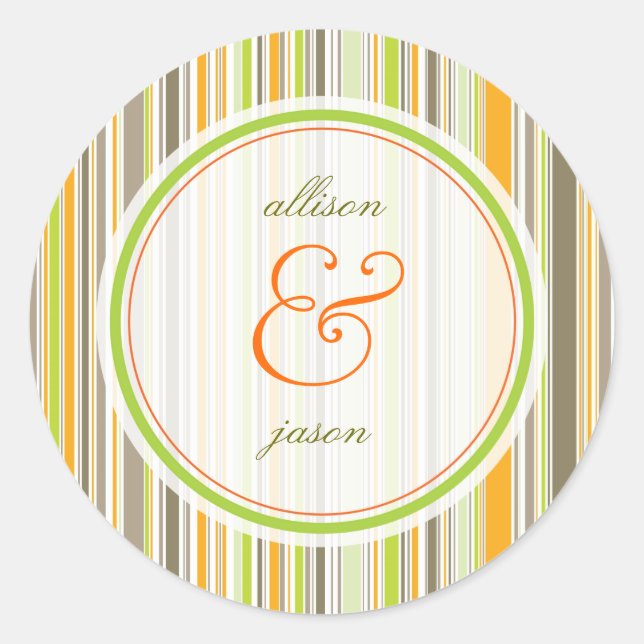 Retro Orange Brown Green Stripes Hochzeitsticker Runder Aufkleber (Vorderseite)
