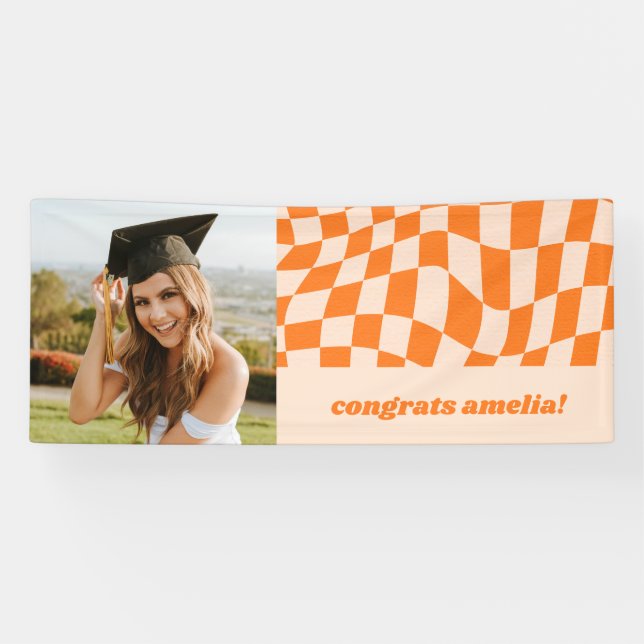 Retro Orange Checkerboard Abschluss Foto-Kongrat Banner (Horizontal)
