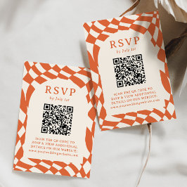 Retro Orange Checkerboard QR Code Hochzeit RSVP Karte