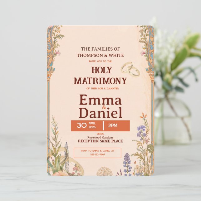 Retro Orange Chic Wedding Invitation Einladung (Stehend Vorderseite)