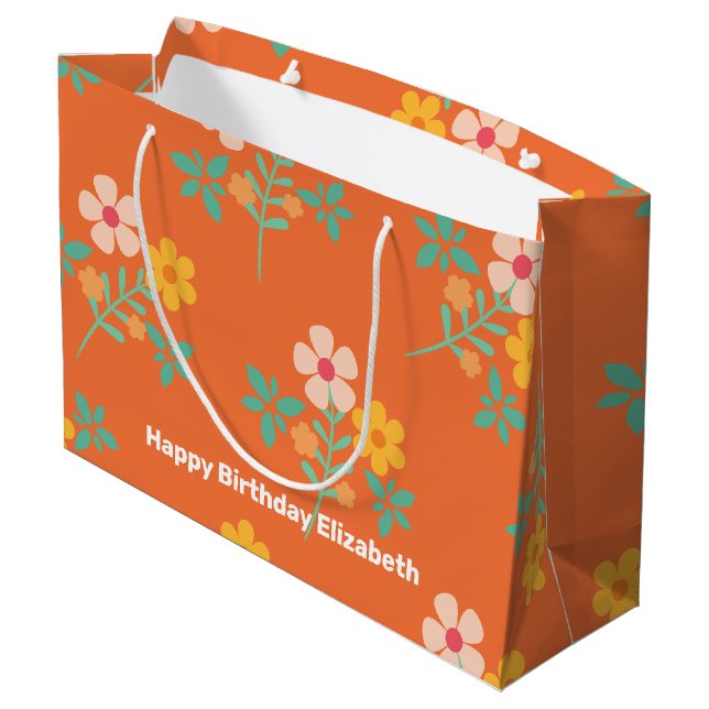 Retro Orange Daisy Bouquet Muster individuell Große Geschenktüte (Rückseite Schrägansicht)